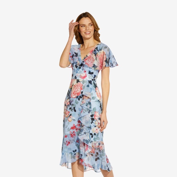 Adrianna Papell FLORAL FAUX WRAP DRESS IN BLUE MULTI - Picture 1 of 3